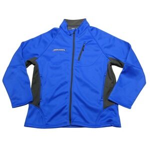 Menards Jacket Mens 2XL Blue Gray Softshell Full Zip Workwear Logo Embroidered